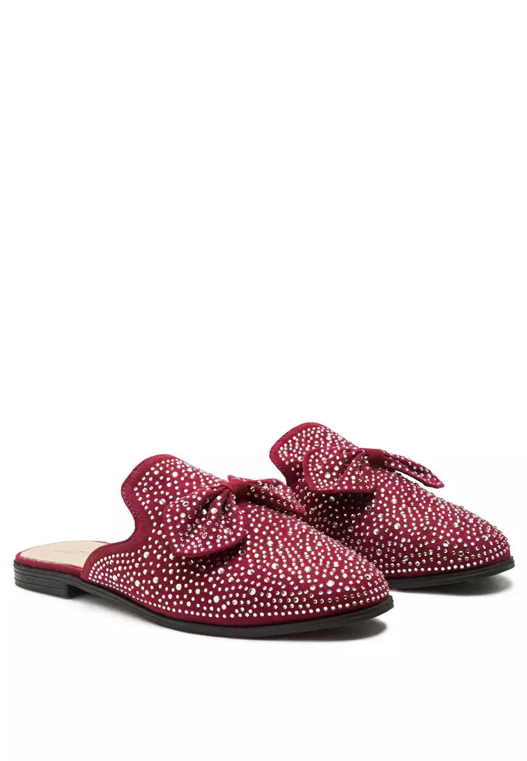 London Rag Embellished Casual Bow Mules in Dark Red