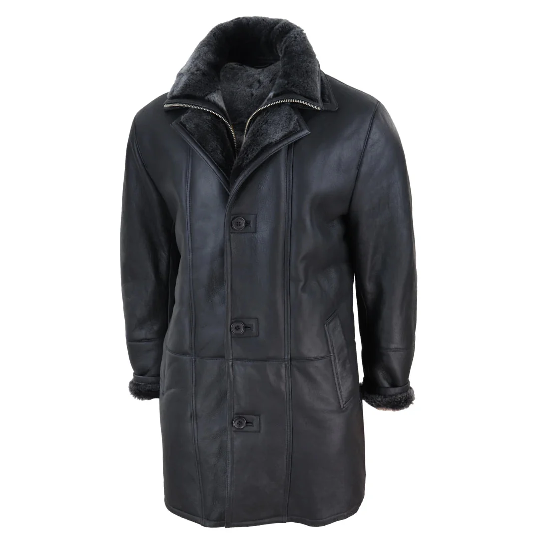 Men's 3/4 Duffle Jacket Sheepskin Long Button Zip Warm - Black