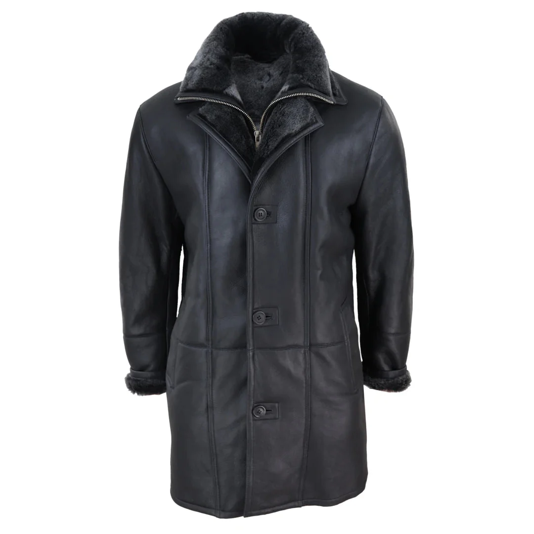 Men's 3/4 Duffle Jacket Sheepskin Long Button Zip Warm - Black