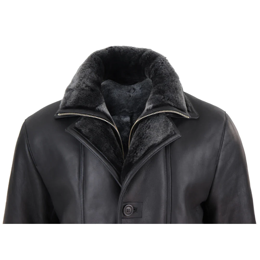 Men's 3/4 Duffle Jacket Sheepskin Long Button Zip Warm - Black