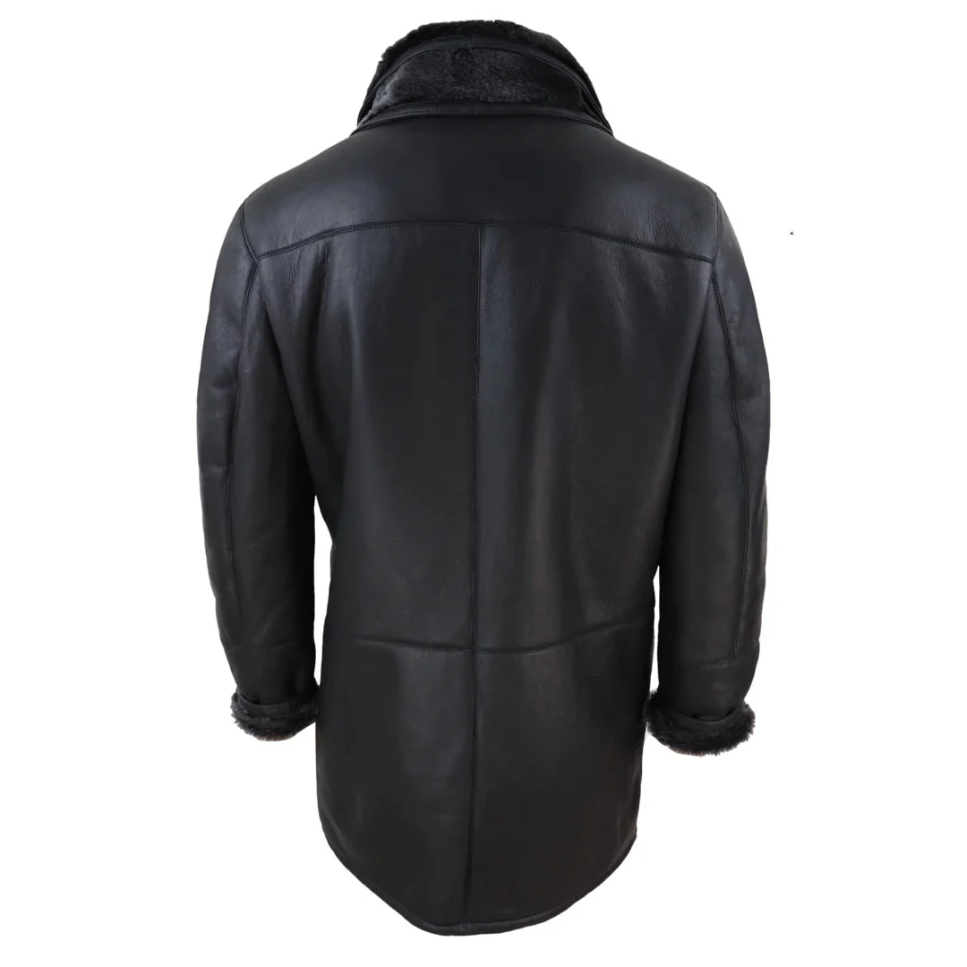 Men's 3/4 Duffle Jacket Sheepskin Long Button Zip Warm - Black