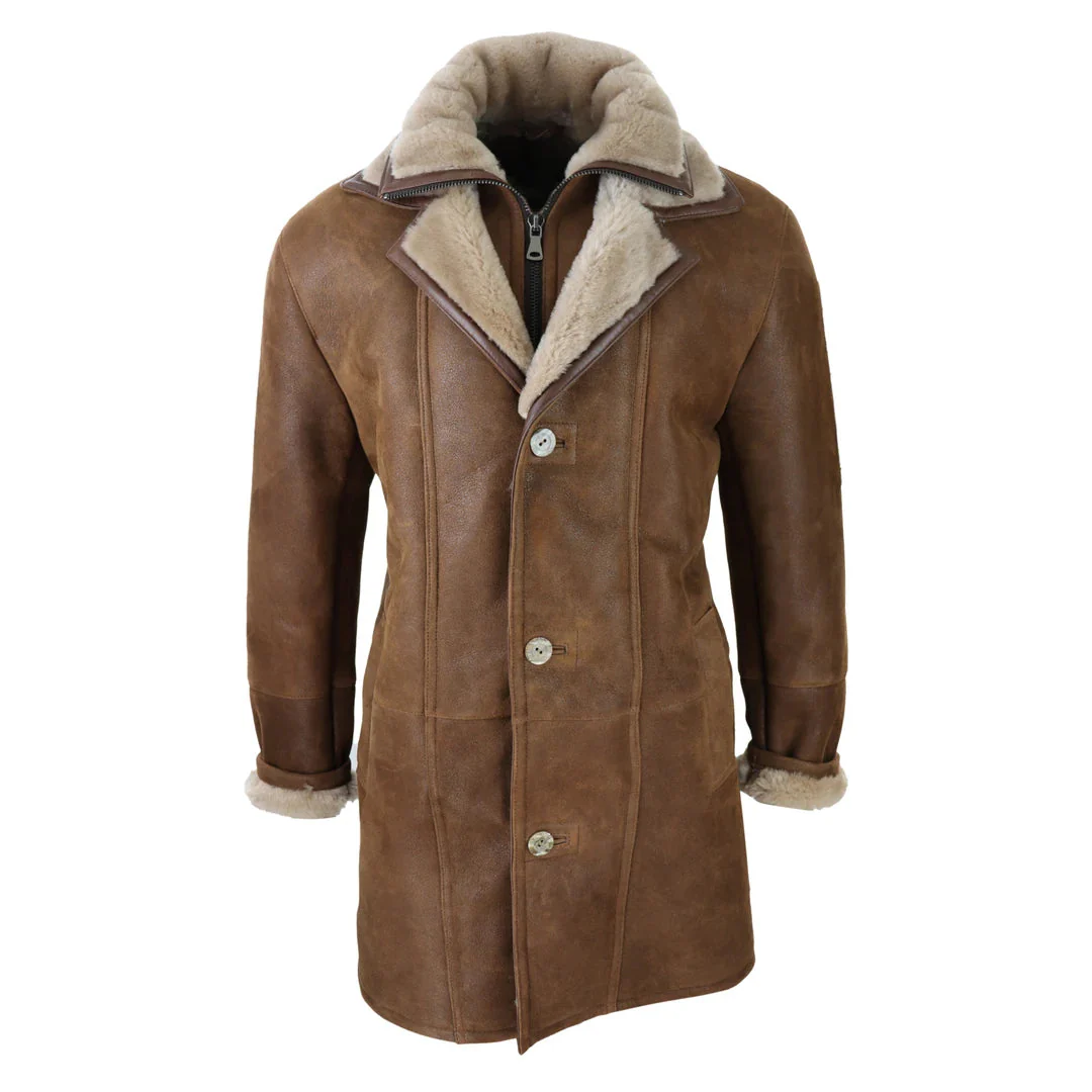 Men's 3/4 Duffle Jacket Sheepskin Long Button Zip Warm - Tan