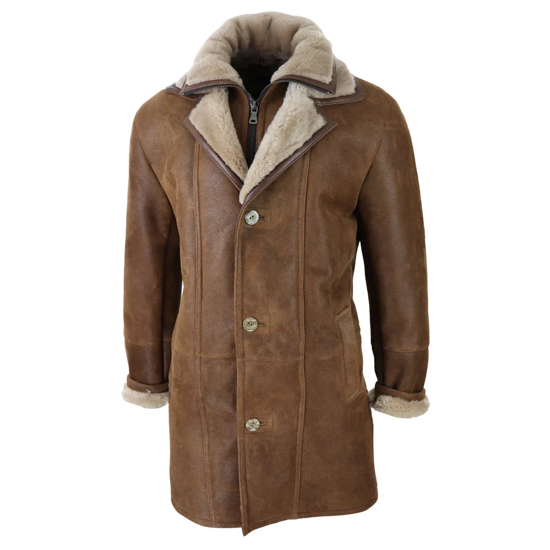 Men's 3/4 Duffle Jacket Sheepskin Long Button Zip Warm - Tan