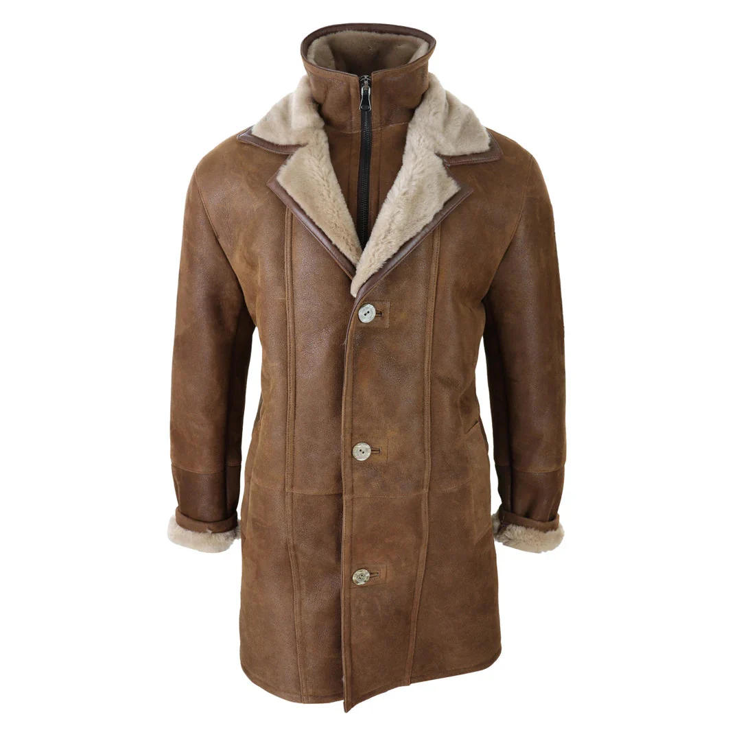 Men's 3/4 Duffle Jacket Sheepskin Long Button Zip Warm - Tan