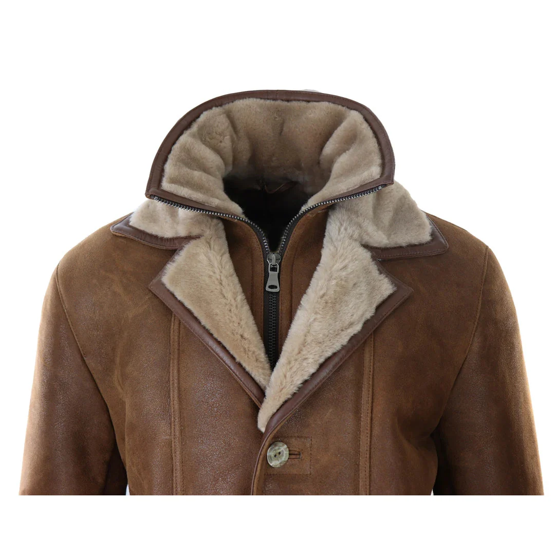 Men's 3/4 Duffle Jacket Sheepskin Long Button Zip Warm - Tan