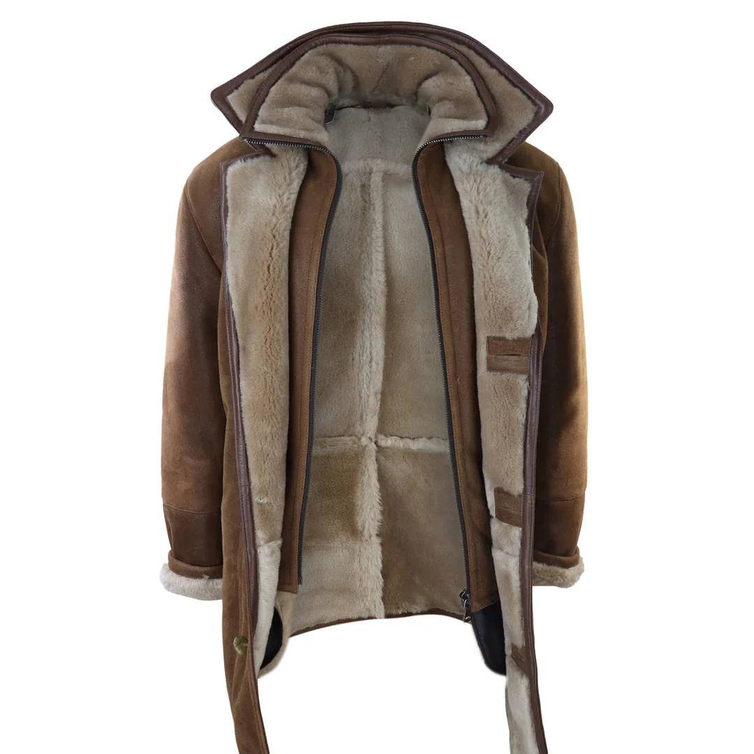 Men's 3/4 Duffle Jacket Sheepskin Long Button Zip Warm - Tan