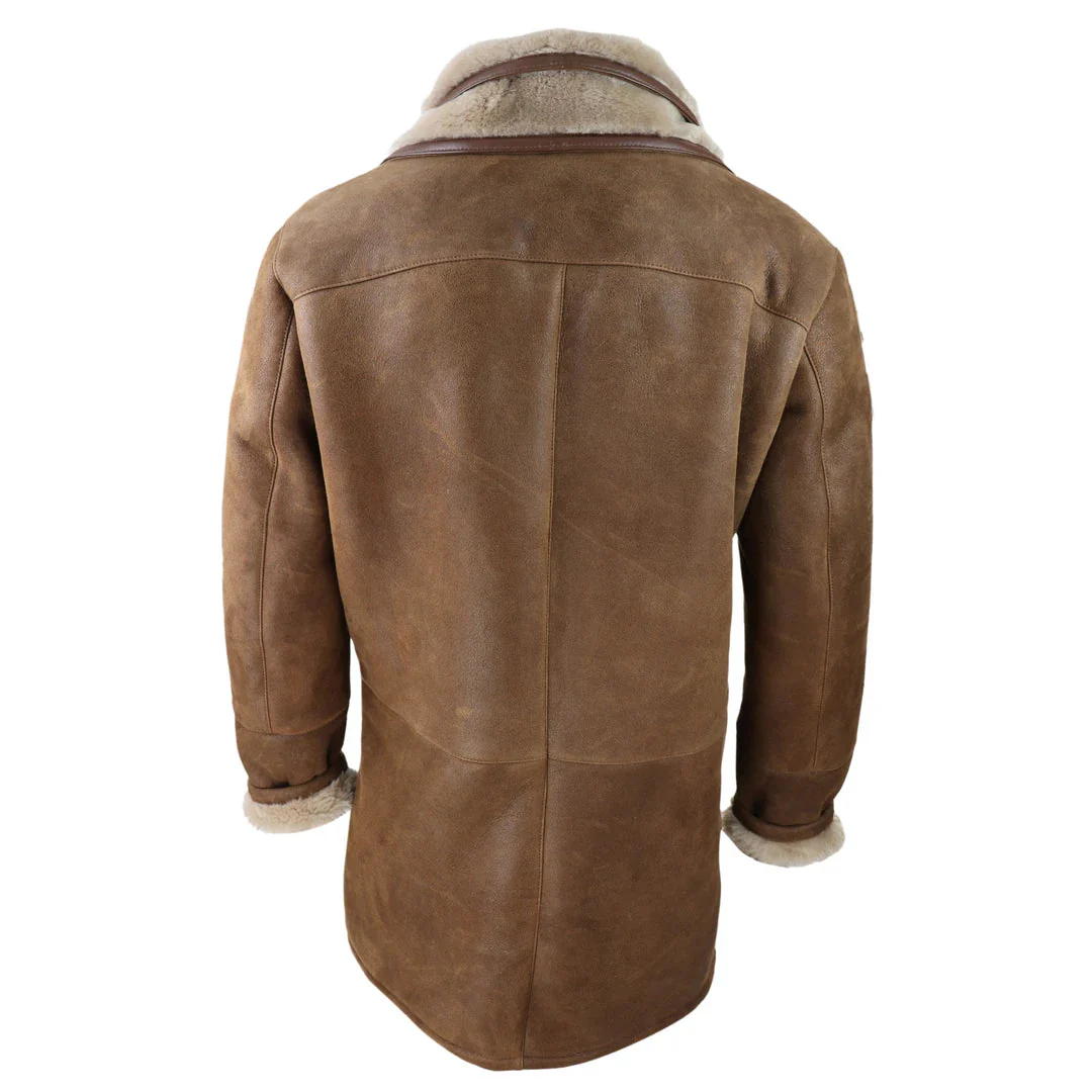 Men's 3/4 Duffle Jacket Sheepskin Long Button Zip Warm - Tan