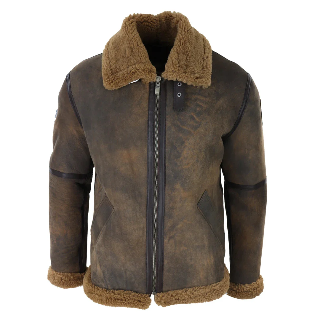 Men's Brown Distressed Sheepskin Flying Jacket Camel Fur Zipped Classic Winter