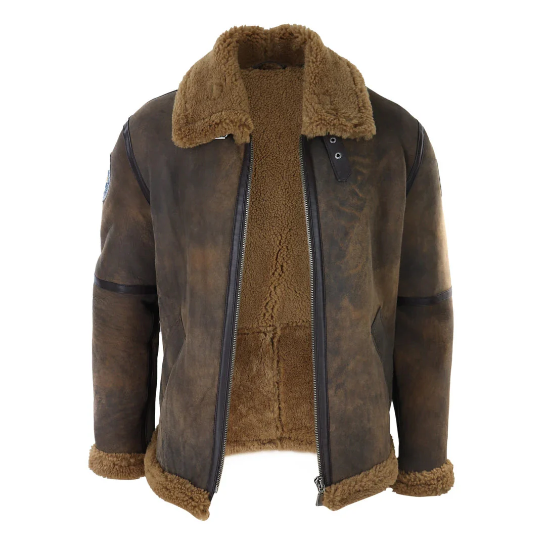 Men's Brown Distressed Sheepskin Flying Jacket Camel Fur Zipped Classic Winter