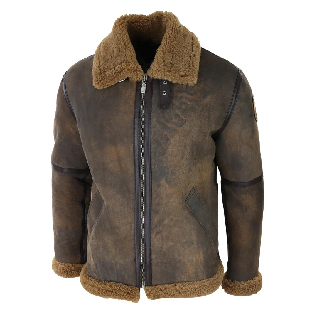 Men's Brown Distressed Sheepskin Flying Jacket Camel Fur Zipped Classic Winter