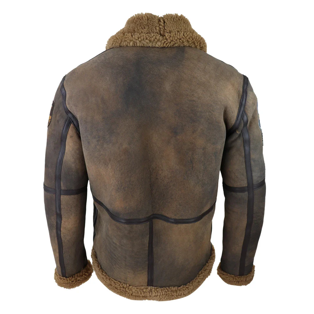 Men's Brown Distressed Sheepskin Flying Jacket Camel Fur Zipped Classic Winter