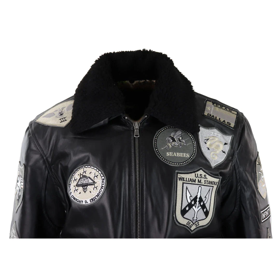 Men's Full Black Grey Topgun Maverick Jacket Pilot Bomber US Badges Black Fur Tom Cat