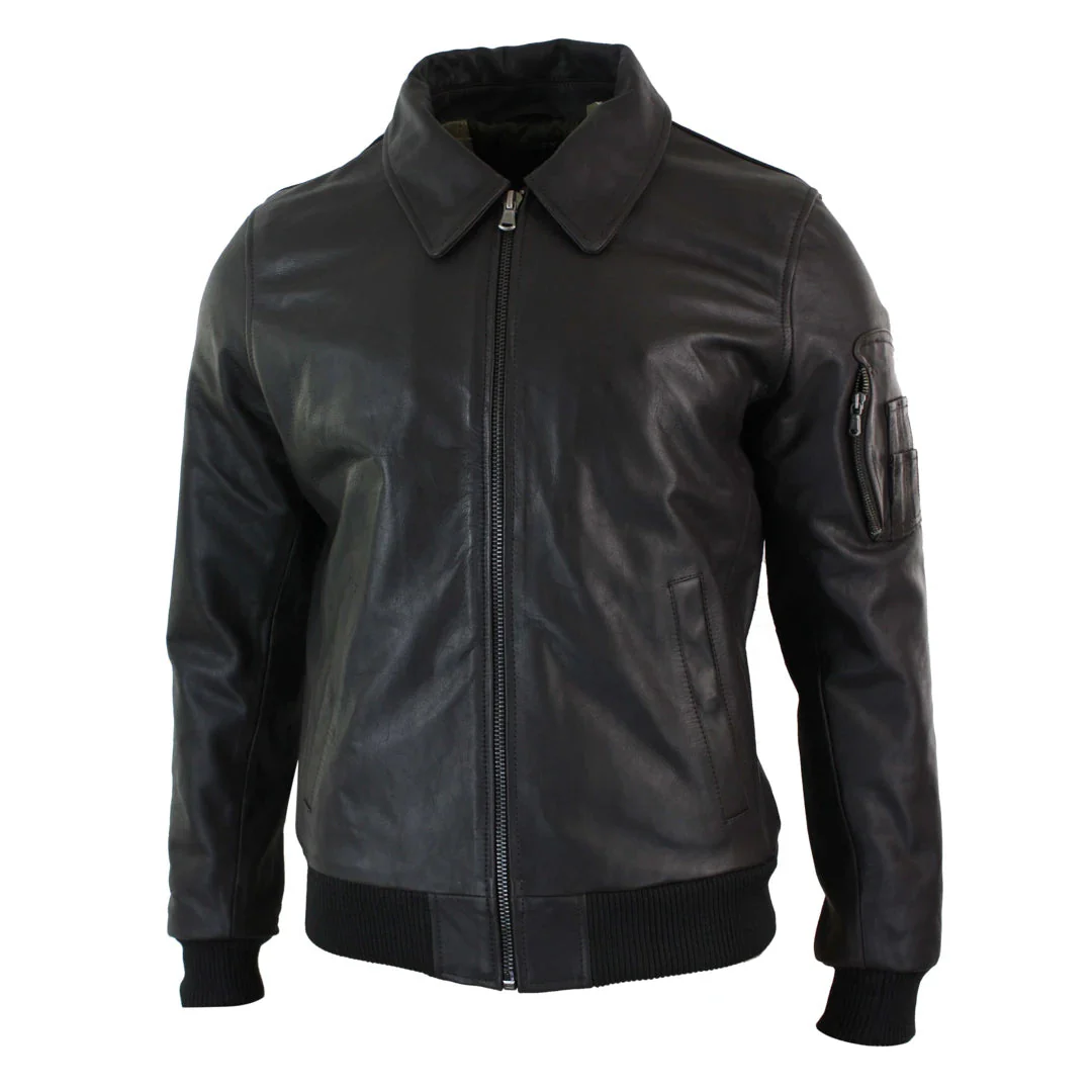 Men's Leather Harrington Brown Bomber Classic Pilot Jacket