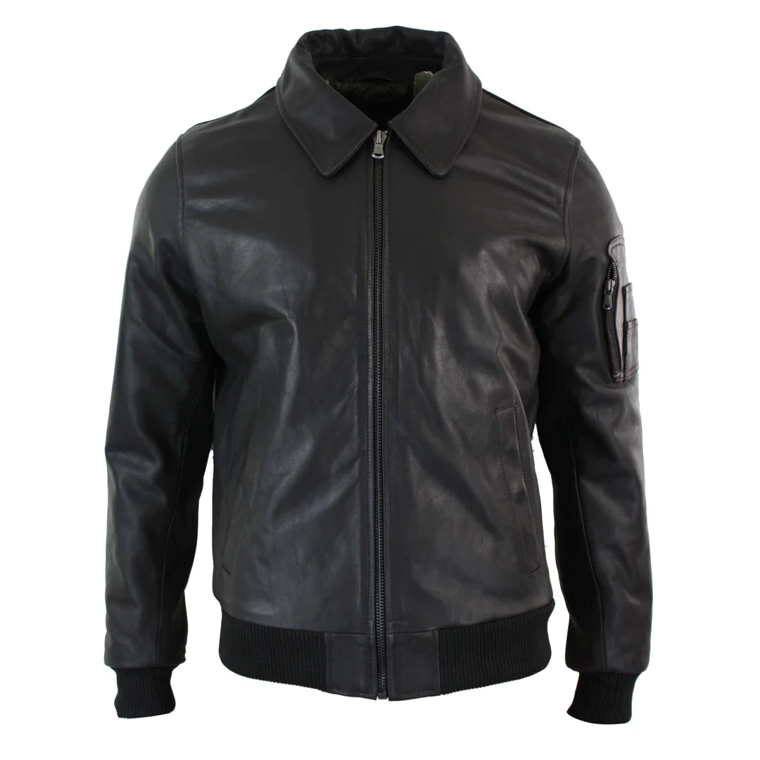 Men's Leather Harrington Brown Bomber Classic Pilot Jacket