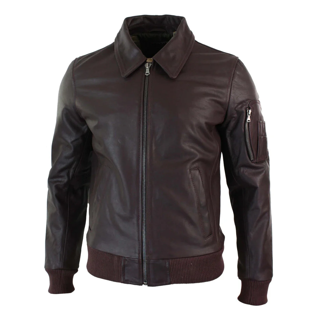 Men's Leather Harrington Burgundy Bomber Classic Pilot Jacket