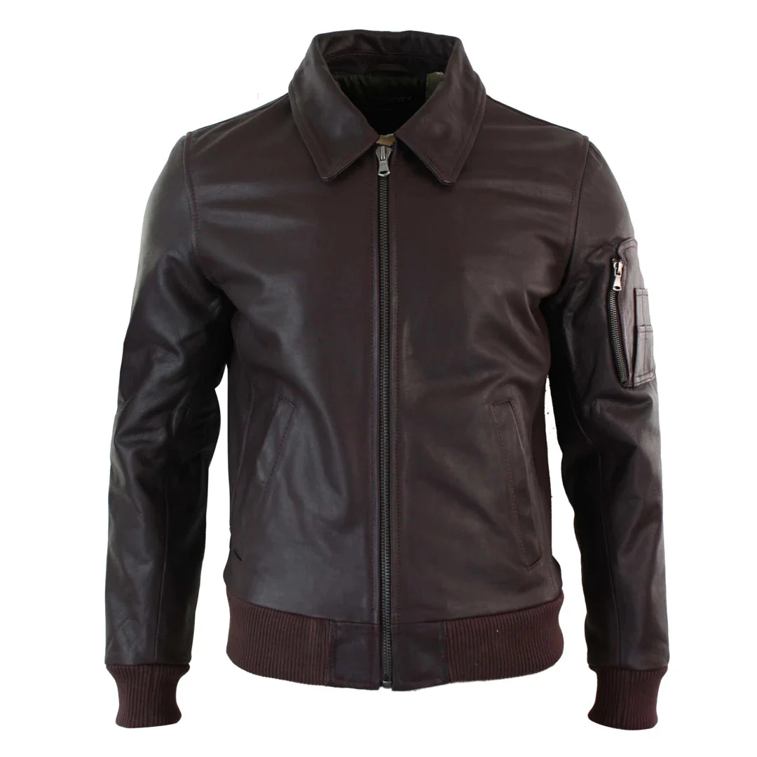 Men's Leather Harrington Burgundy Bomber Classic Pilot Jacket