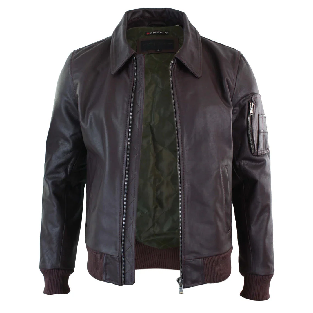 Men's Leather Harrington Burgundy Bomber Classic Pilot Jacket