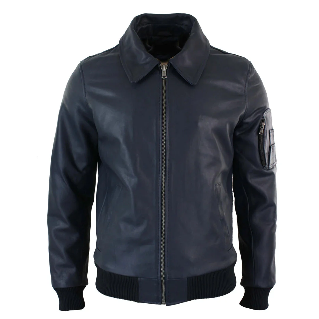 Men's Leather Harrington Navy Bomber Classic Pilot Jacket