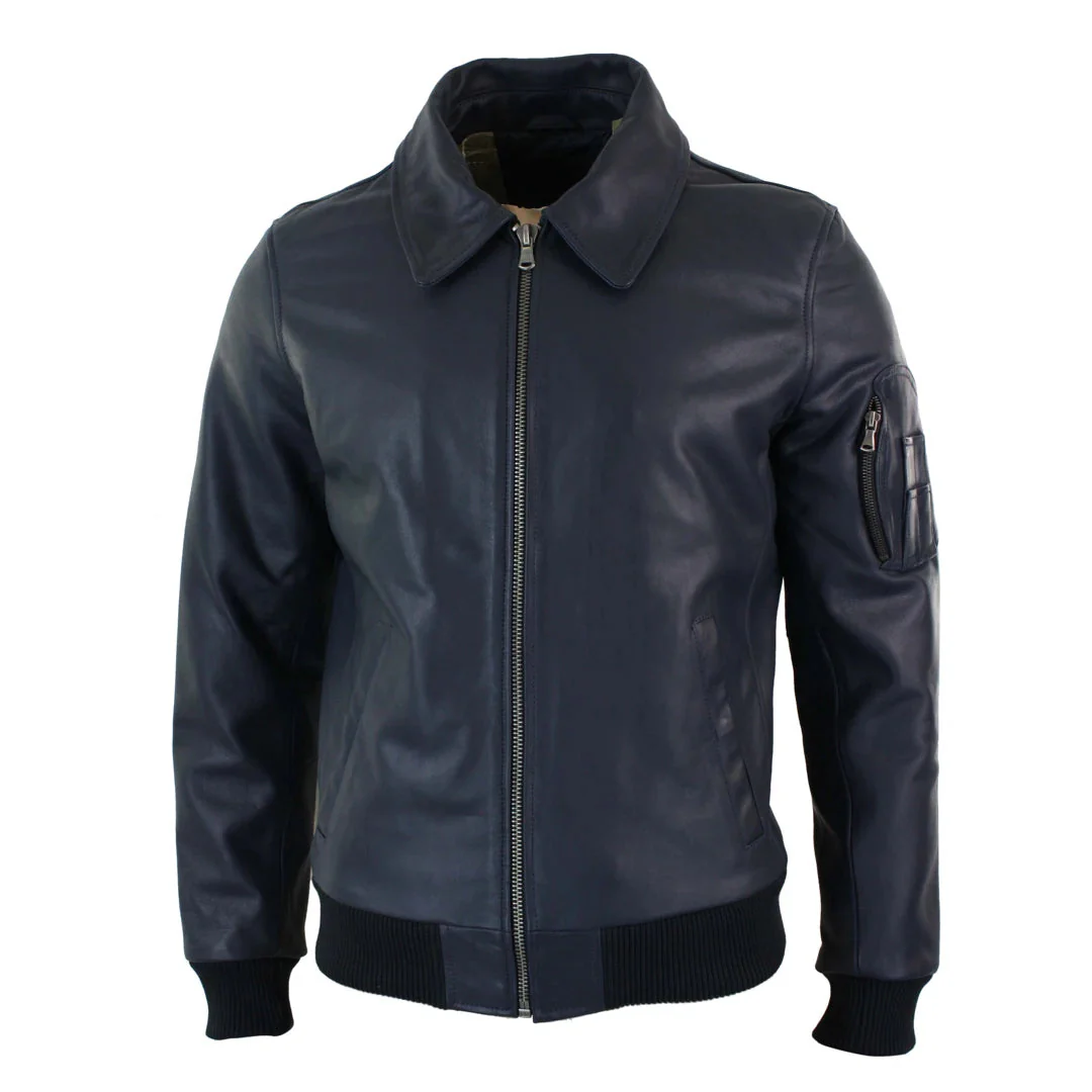 Men's Leather Harrington Navy Bomber Classic Pilot Jacket