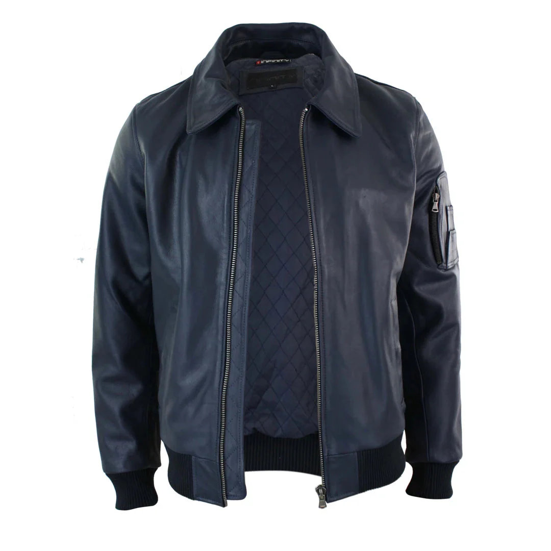 Men's Leather Harrington Navy Bomber Classic Pilot Jacket