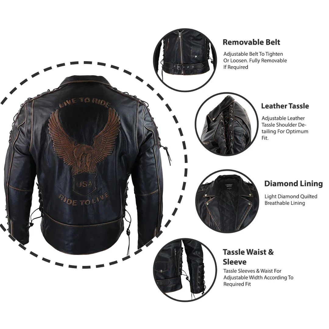 Men's Live To Ride Cow Hide Leather Jacket Original Cross Zip Brando Biker Motorcycle