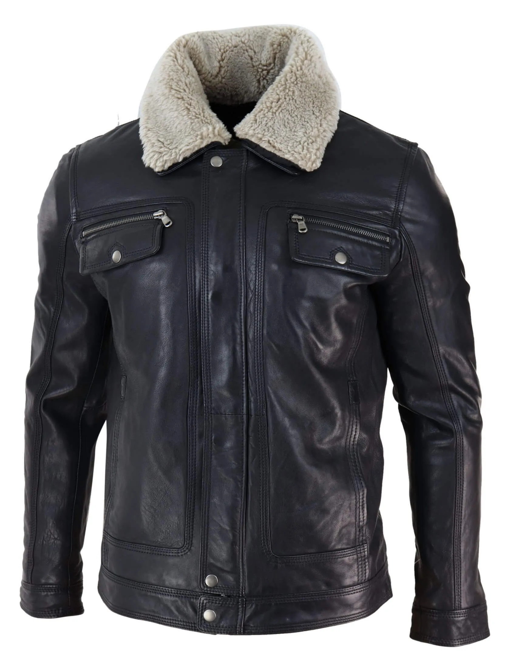 Mens Black brown Real Leather Jacket Sheepskin Collar Short Zip Button - Black