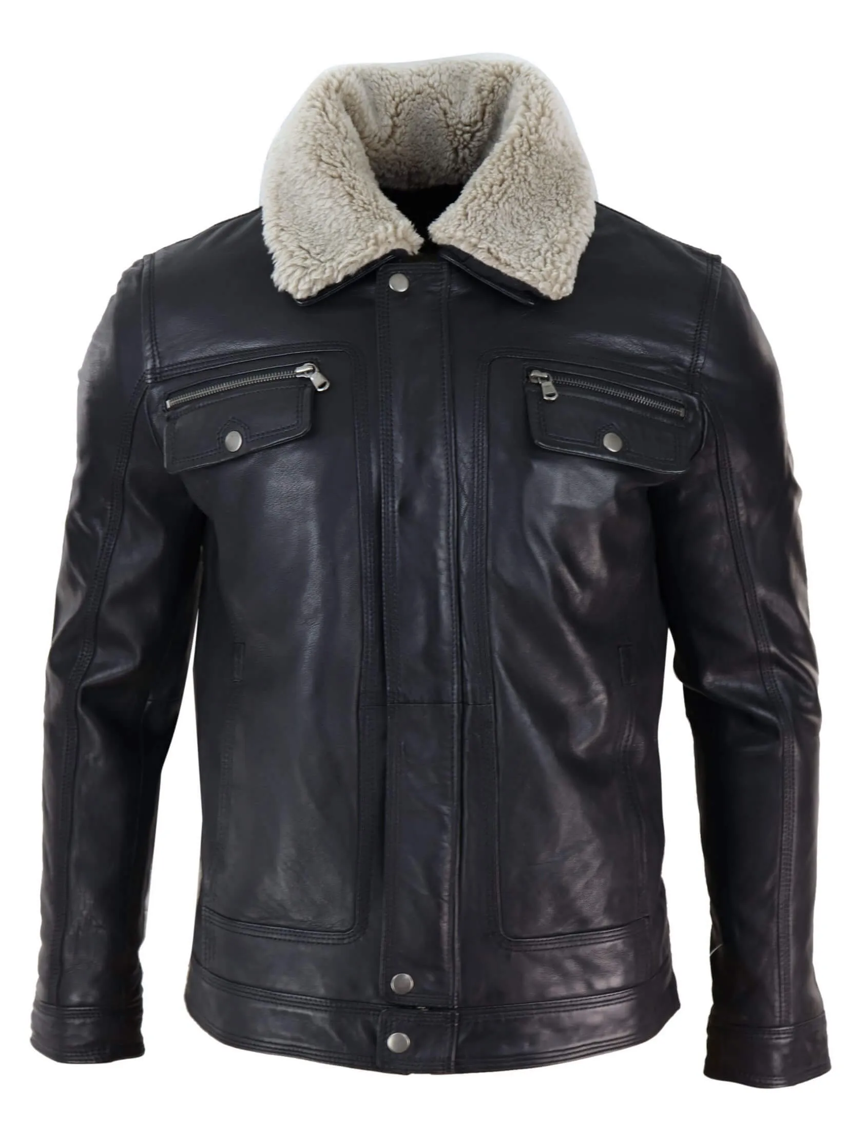 Mens Black brown Real Leather Jacket Sheepskin Collar Short Zip Button - Black