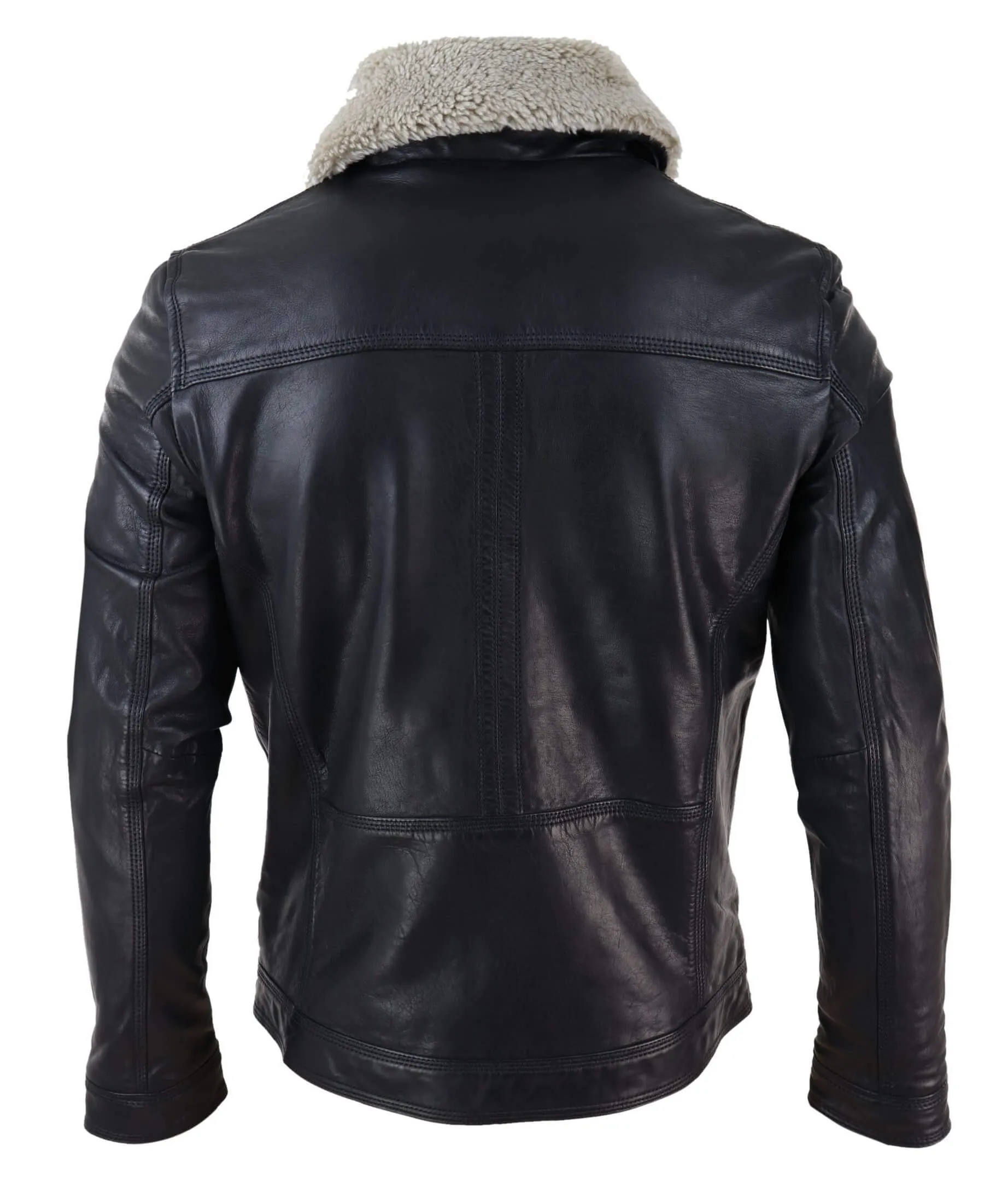 Mens Black brown Real Leather Jacket Sheepskin Collar Short Zip Button - Black