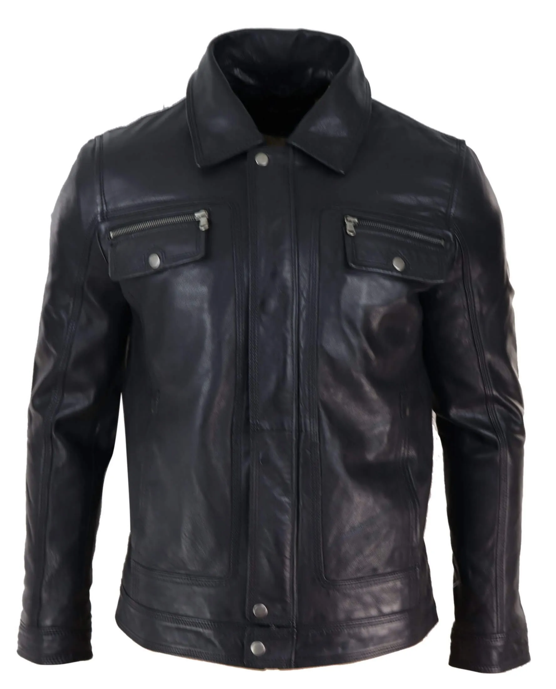 Mens Black brown Real Leather Jacket Sheepskin Collar Short Zip Button - Black