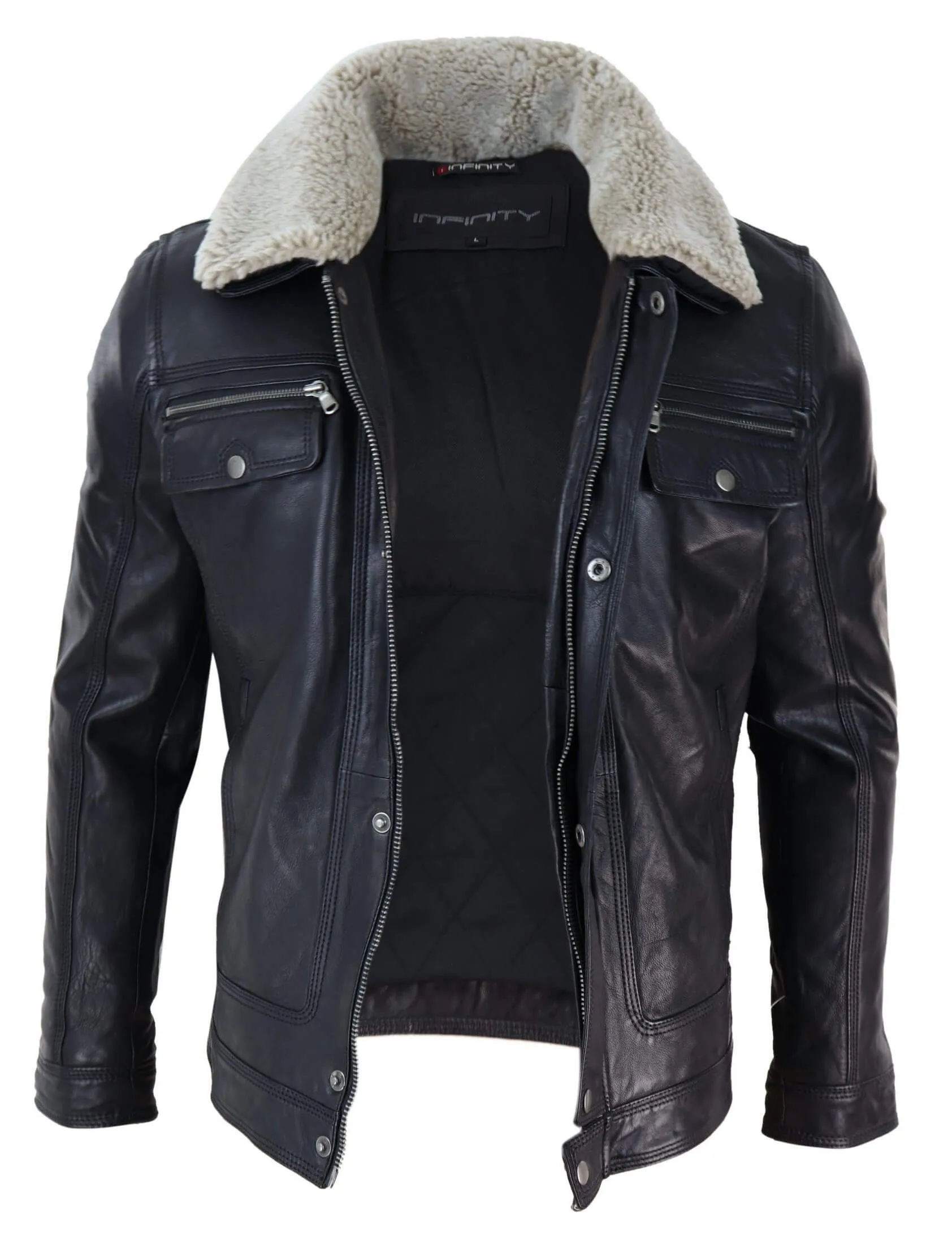 Mens Black brown Real Leather Jacket Sheepskin Collar Short Zip Button - Black