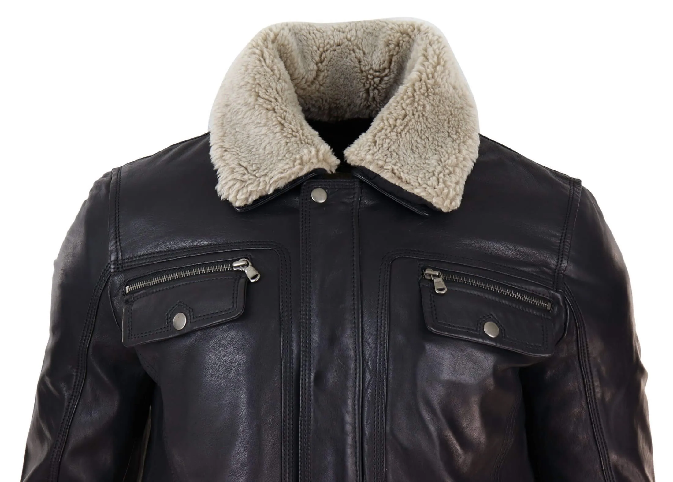 Mens Black brown Real Leather Jacket Sheepskin Collar Short Zip Button - Black