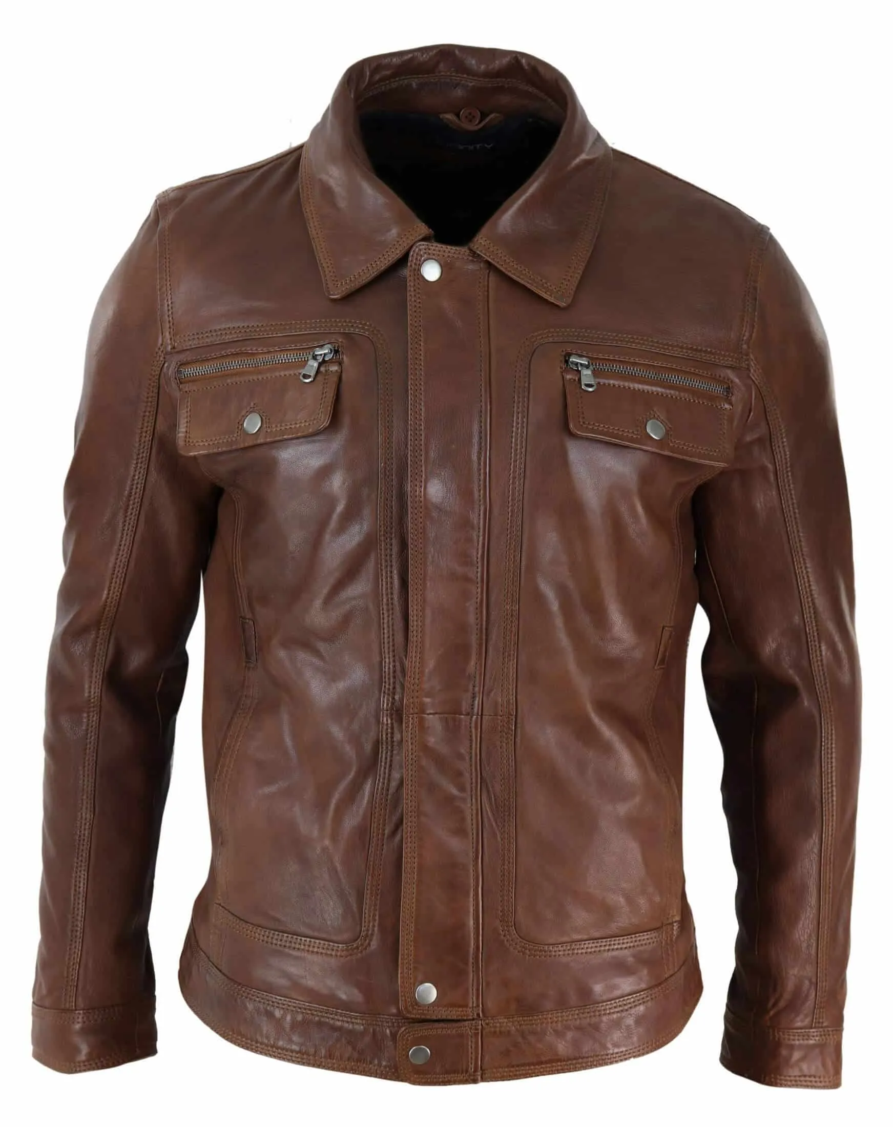 Mens Black brown Real Leather Jacket Sheepskin Collar Short Zip Button - Timber