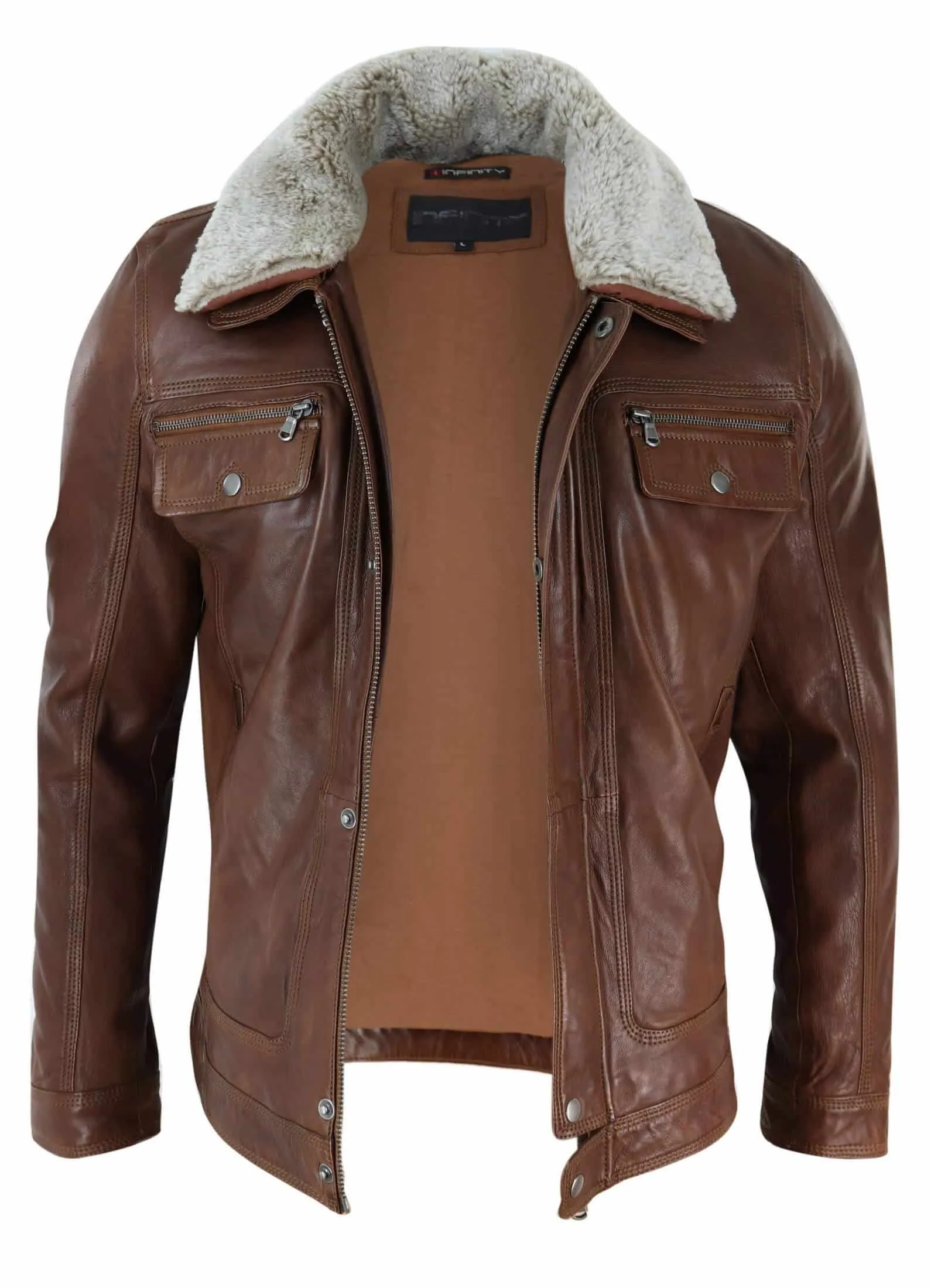 Mens Black brown Real Leather Jacket Sheepskin Collar Short Zip Button - Timber