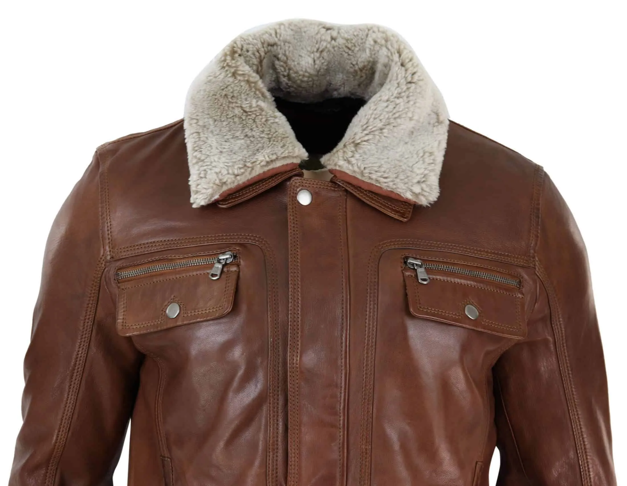 Mens Black brown Real Leather Jacket Sheepskin Collar Short Zip Button - Timber