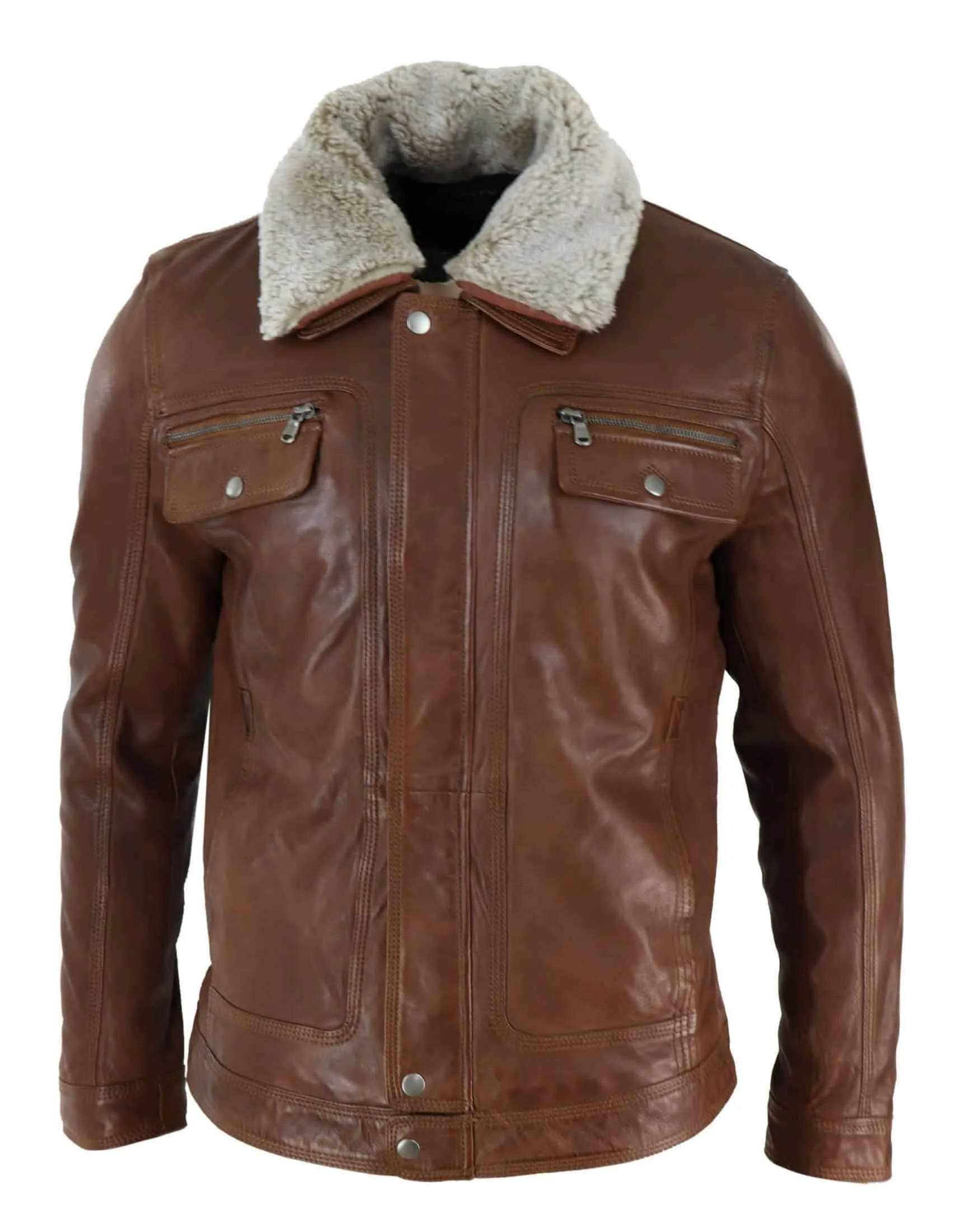 Mens Black brown Real Leather Jacket Sheepskin Collar Short Zip Button - Timber