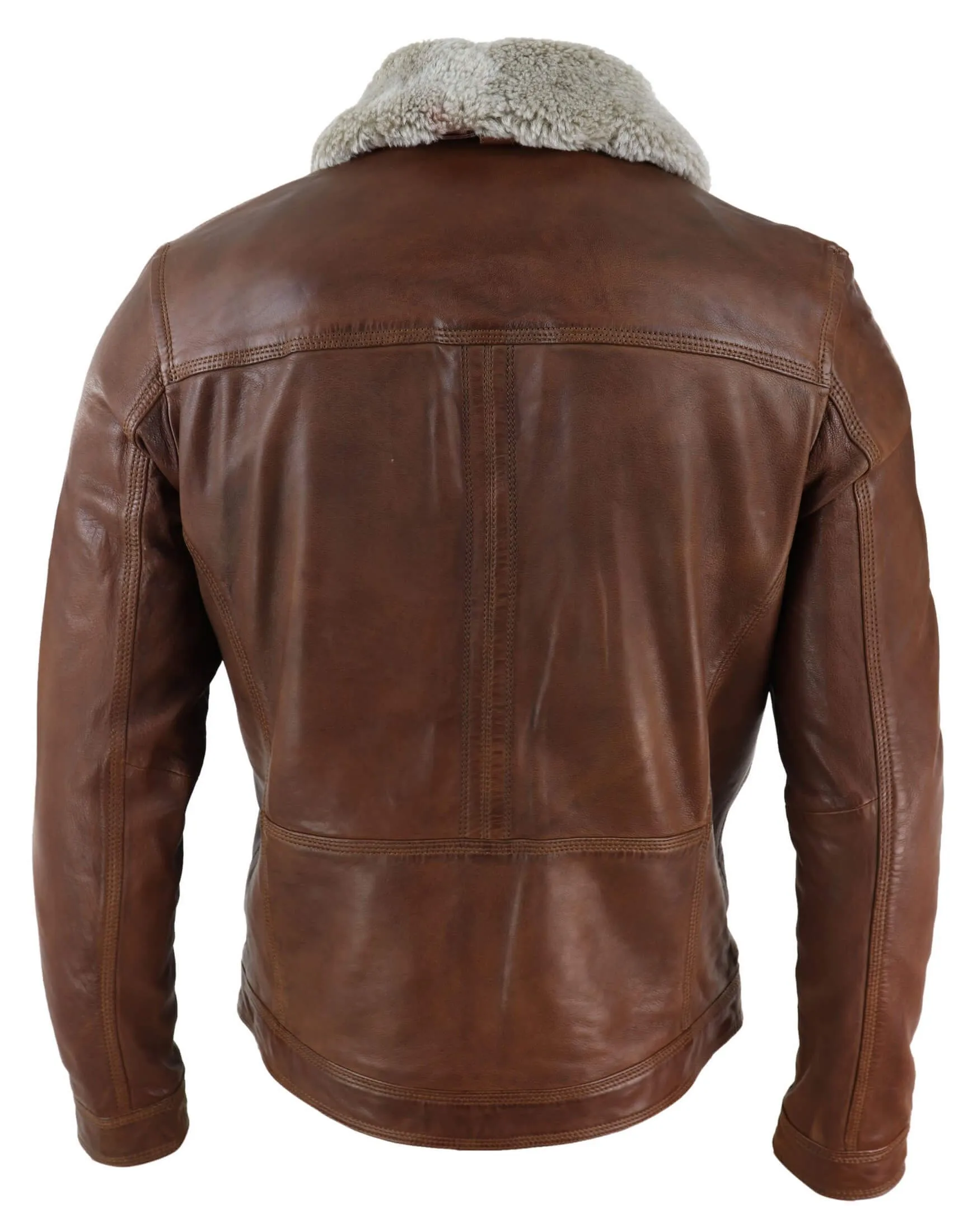 Mens Black brown Real Leather Jacket Sheepskin Collar Short Zip Button - Timber