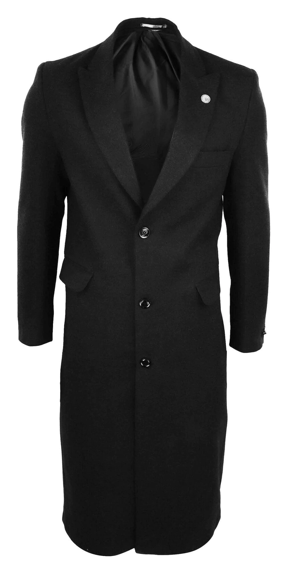 Mens Full Lenth Overcoat Mac Jacket Wool Feel Charcoal 1920s Blinders