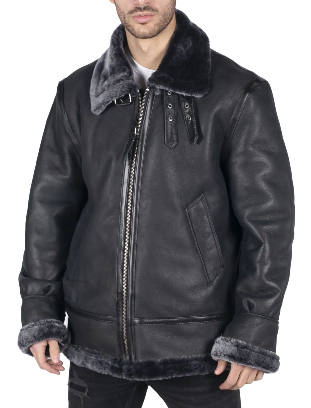 Mens Genuine Sheepskin Leather B3 Flying Aviator Jacket Black Grey Fur