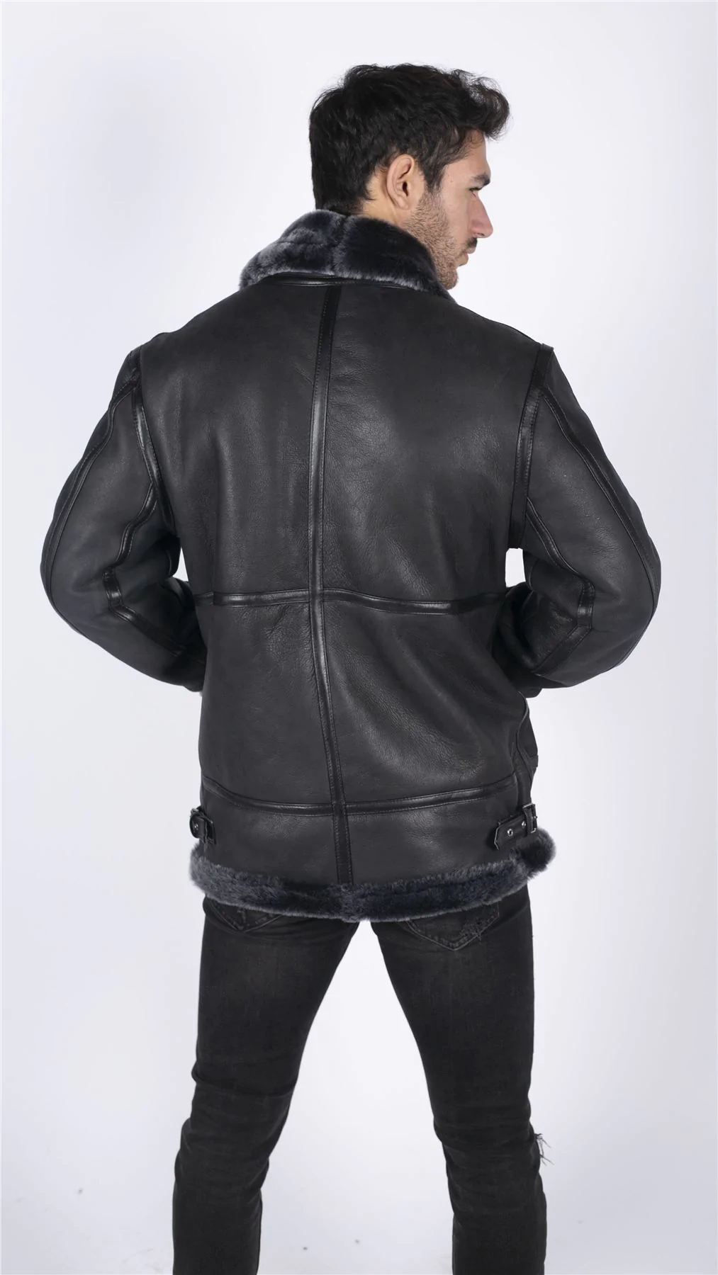 Mens Genuine Sheepskin Leather B3 Flying Aviator Jacket Black Grey Fur