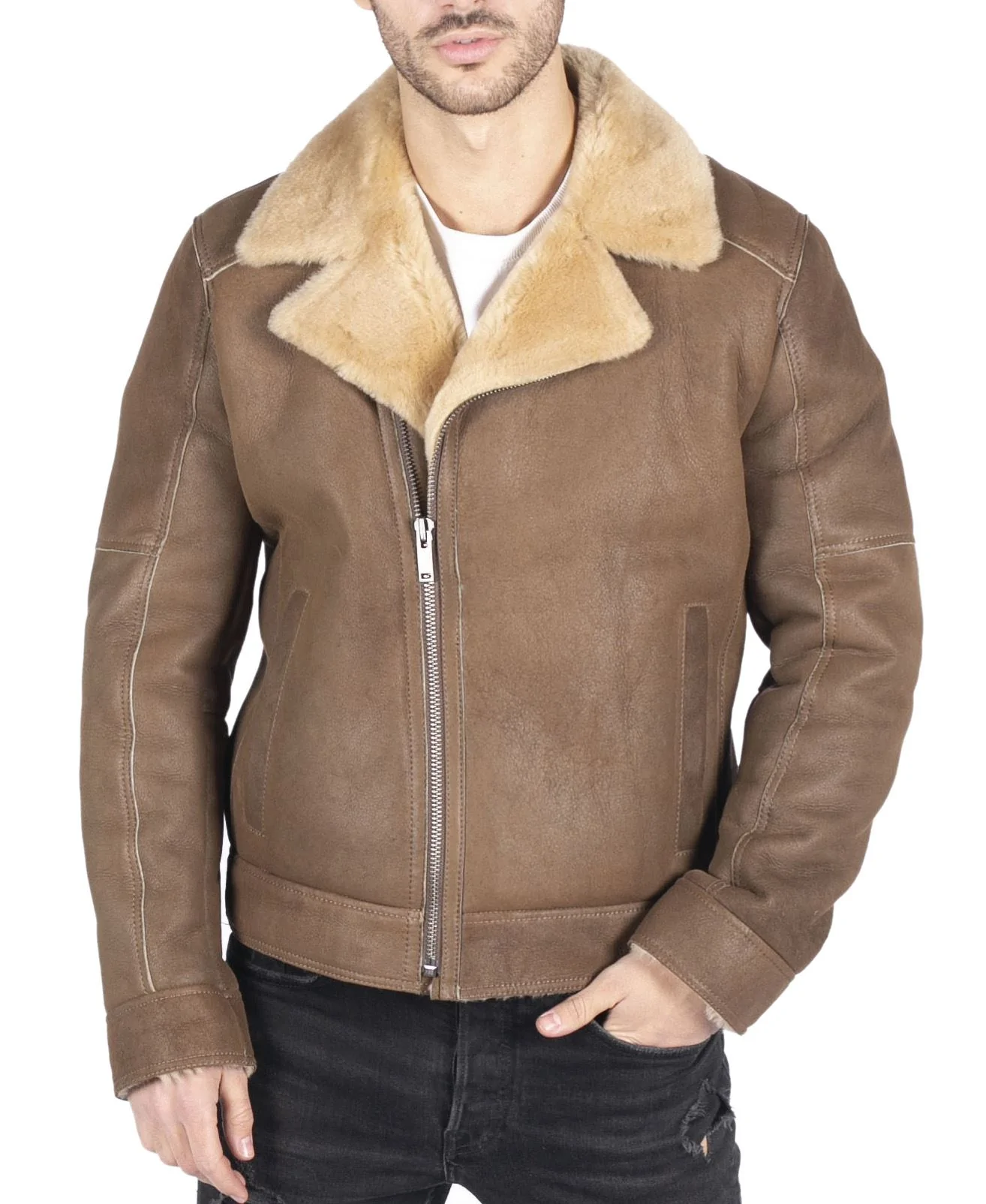 Mens Genuine Sheepskin Leather Cross Zip Flying Aviator Jacket Camel Brown Fur