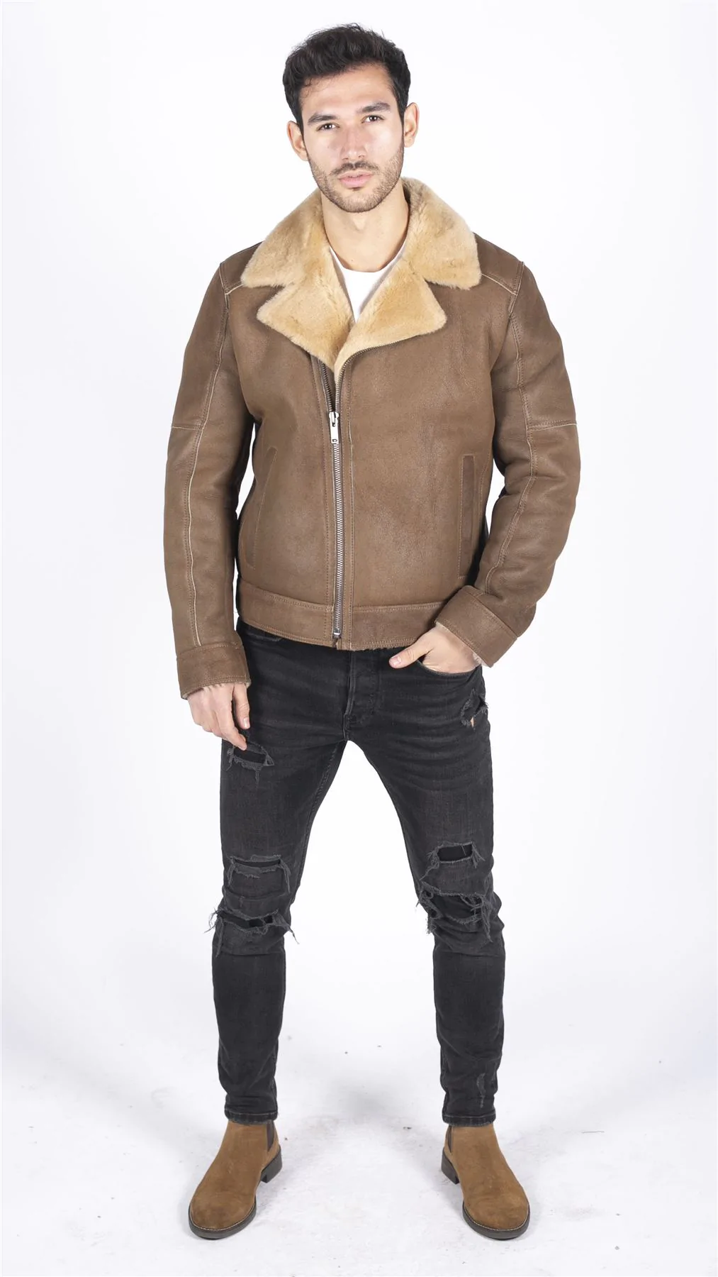 Mens Genuine Sheepskin Leather Cross Zip Flying Aviator Jacket Camel Brown Fur