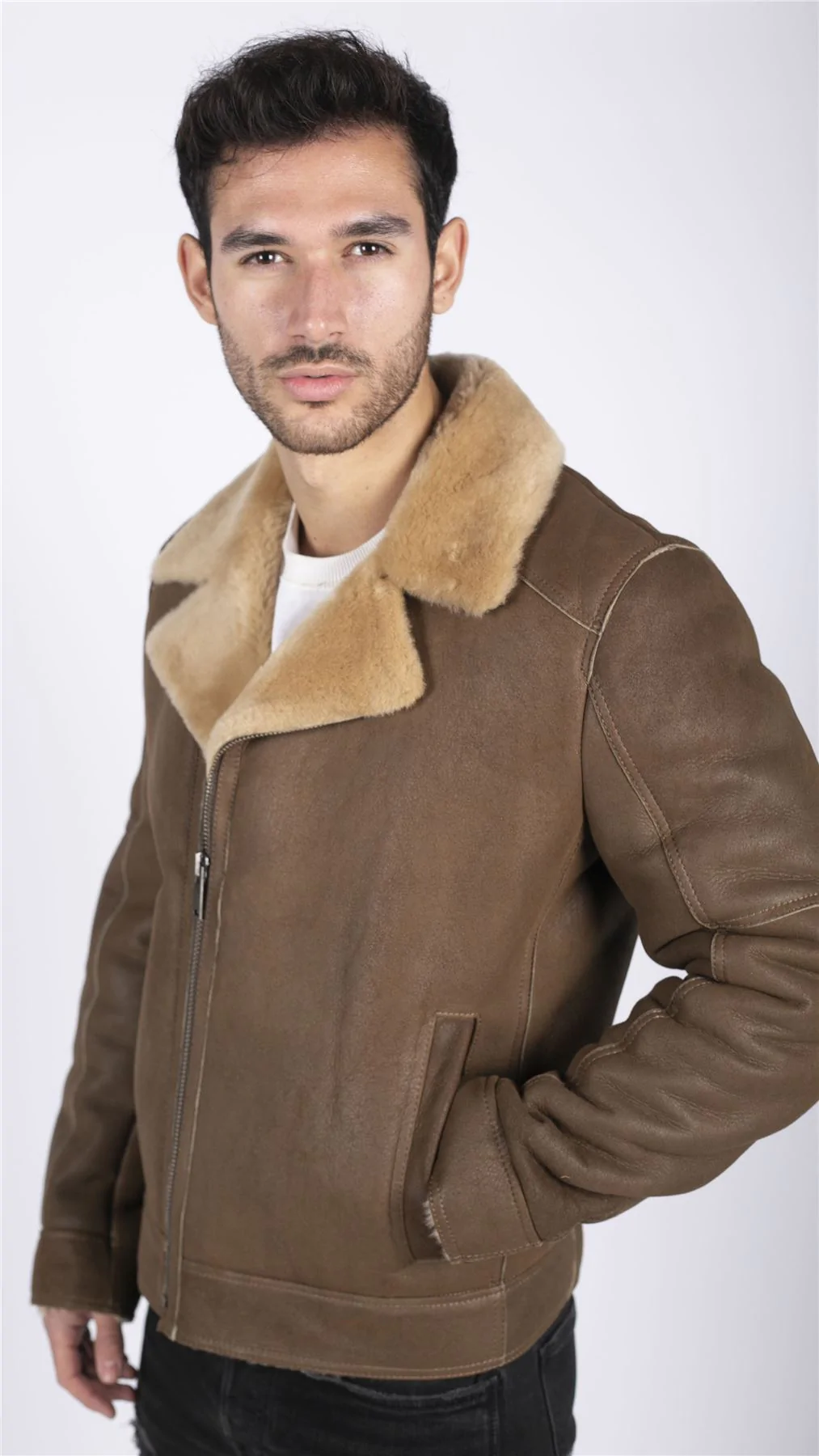 Mens Genuine Sheepskin Leather Cross Zip Flying Aviator Jacket Camel Brown Fur