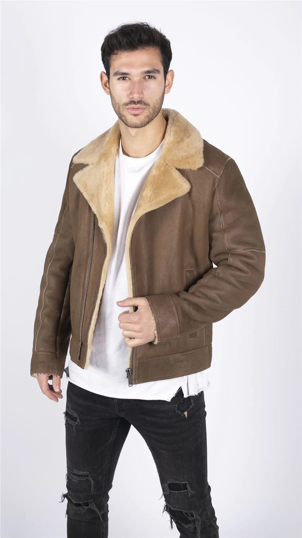 Mens Genuine Sheepskin Leather Cross Zip Flying Aviator Jacket Camel Brown Fur