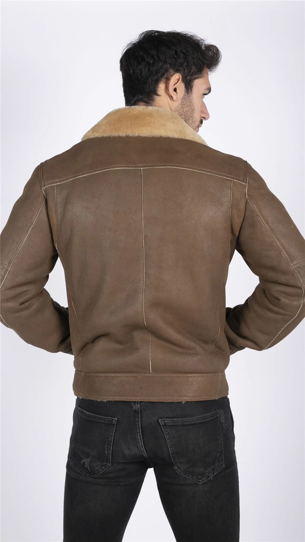 Mens Genuine Sheepskin Leather Cross Zip Flying Aviator Jacket Camel Brown Fur