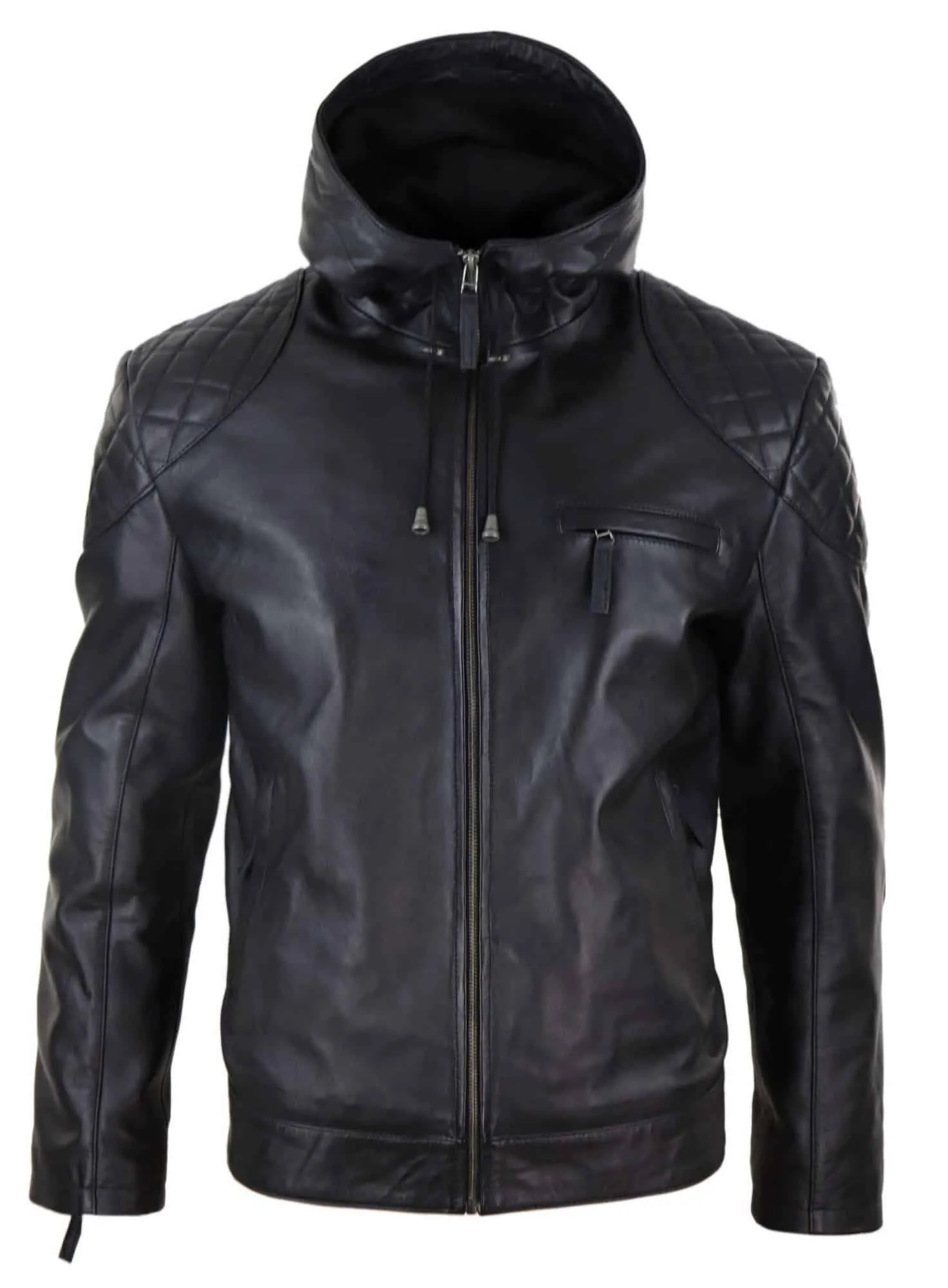 Mens Hooded Biker Leather Jacket - Black