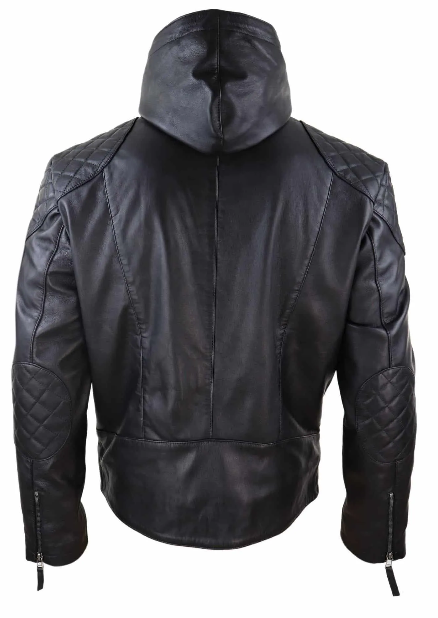 Mens Hooded Biker Leather Jacket - Black