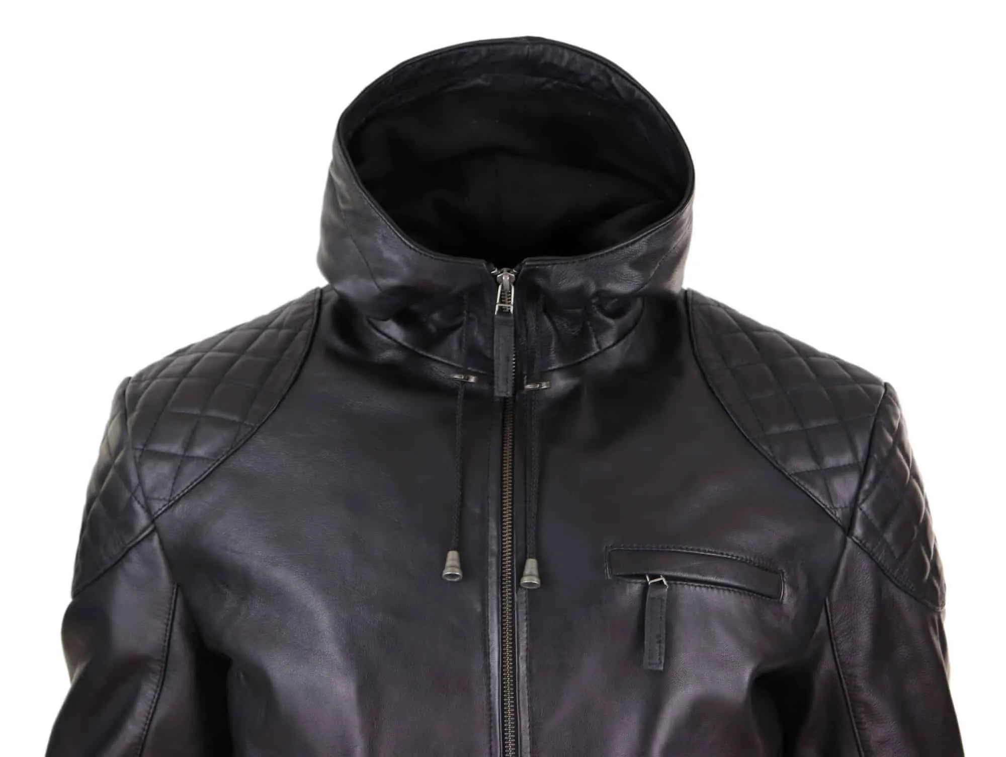 Mens Hooded Biker Leather Jacket - Black