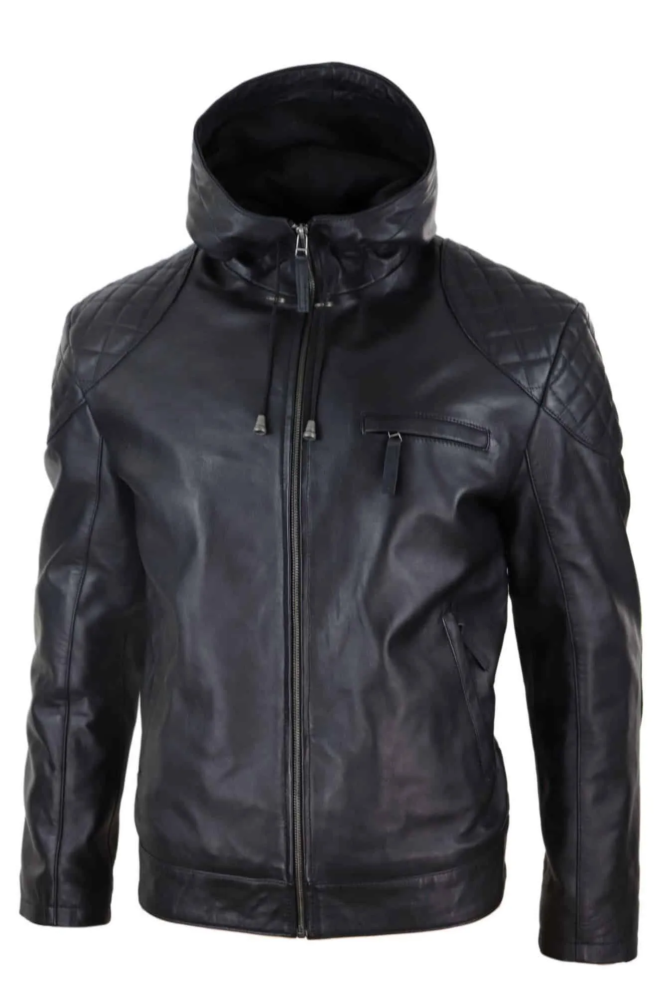 Mens Hooded Biker Leather Jacket - Black