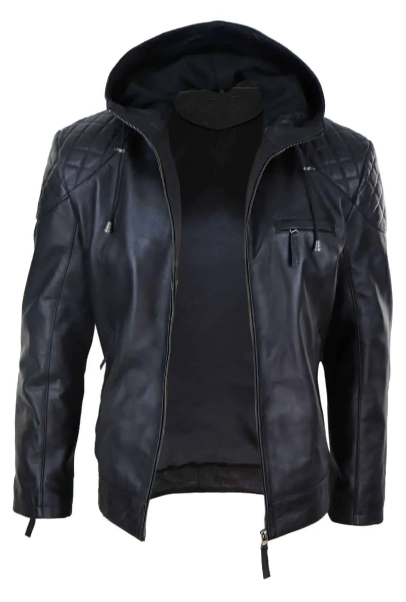 Mens Hooded Biker Leather Jacket - Black