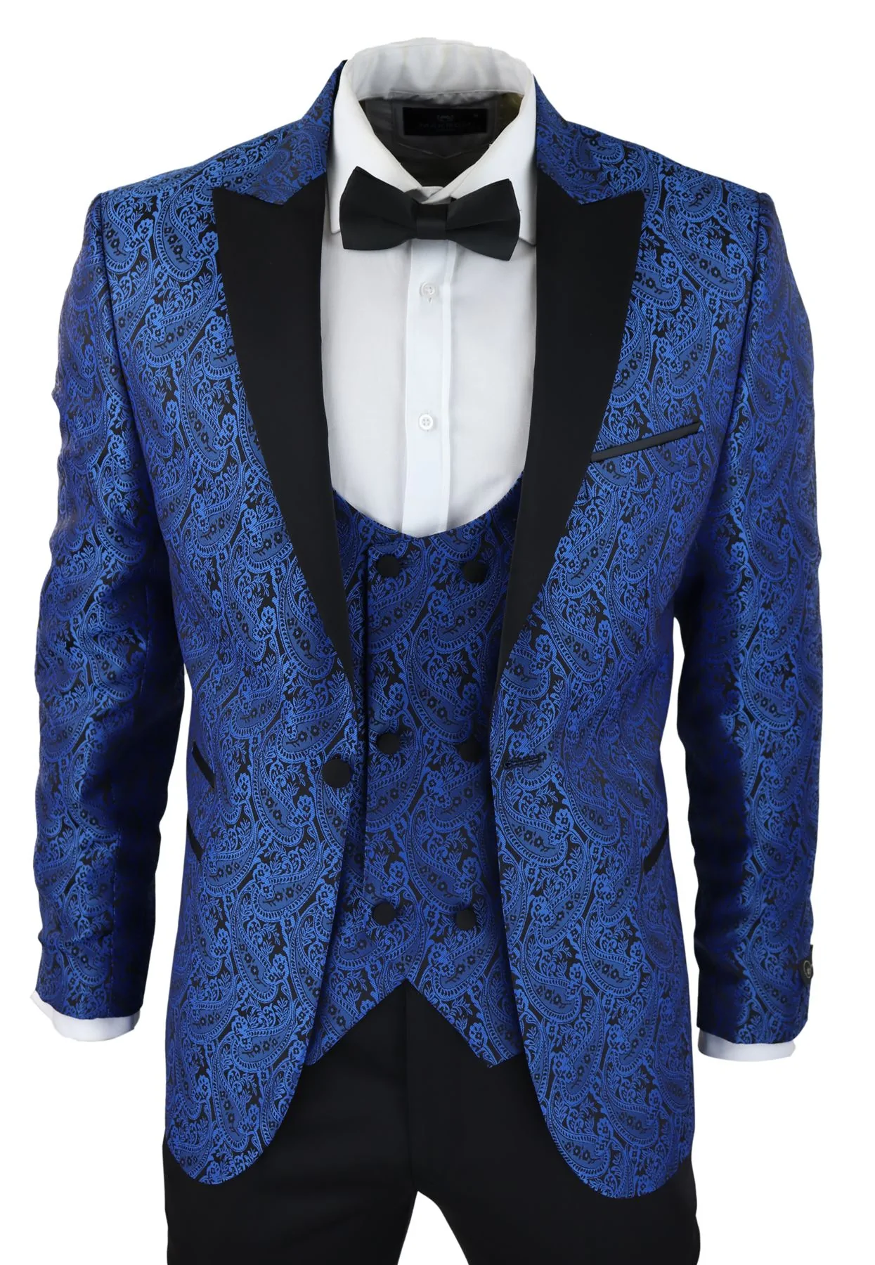 Mens Paisley Tuxedo Blazer And Waistcoat Brocade Dinner Jacket Satin Black Blue - No Trousers